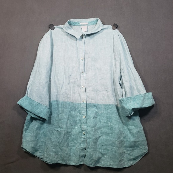 Chico's Tops - Chico's Button Down Shirt Womens 4/20 Blue Teal Linen Colorblock No Iron Top